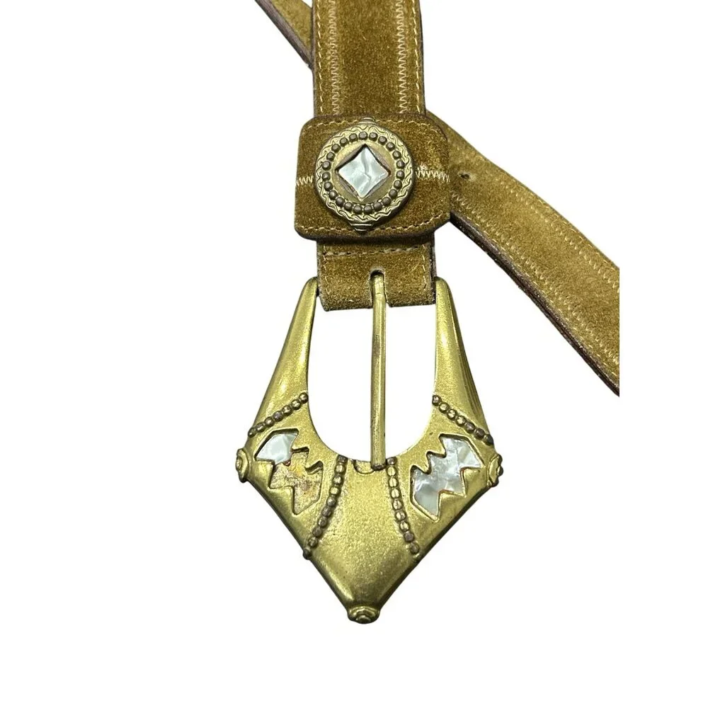 Linea Pelle Genuine Leather Brass Buckle  Mother of Pearl Details Size S Elegant - Picture 2 of 10